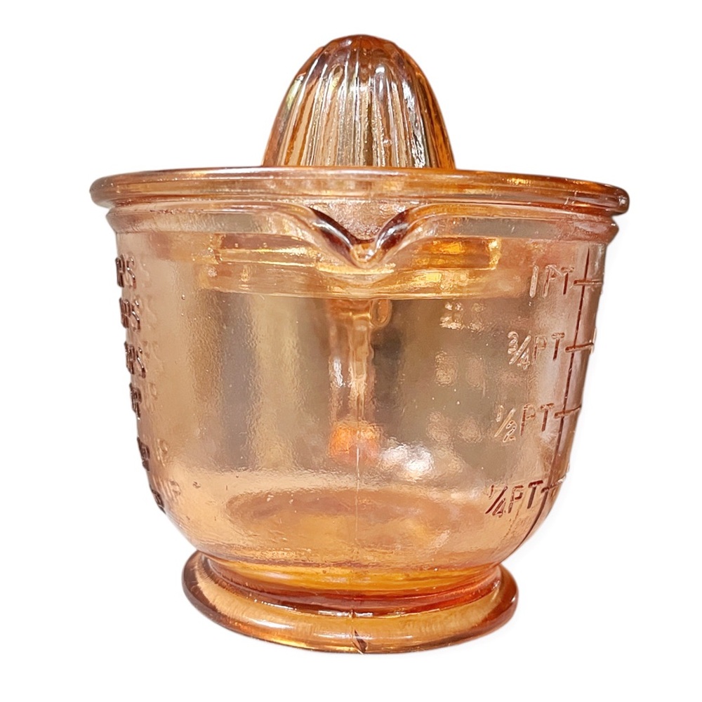 Depression Era Pink Peach Amber Glass Citrus Juicer Reamer w/2 Cup Measuring Cup - Picture 6 of 11